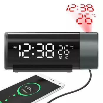 Цифровой проекционный будильник с температурой, вращением на 180 °, USB, электронный стол, прикроватные часы для спальни, 3D настенный повтор чёрный
