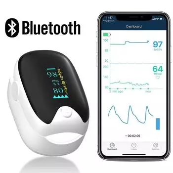 Цифровой пульсоксиметр на кончике пальца Bluetooth с бесплатным приложением, монитор насыщения крови кислородом и пульсометр с защитным чехлом белый