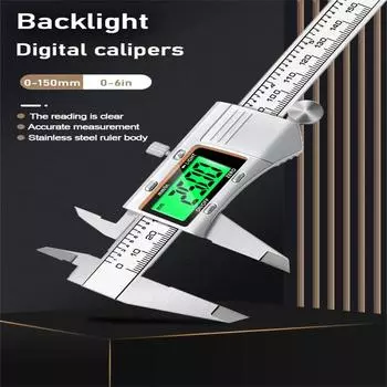 Цифровой штангенциркуль, штангенциркуль 0–6 дюймов с ЖК-экраном, высокоточный металлический корпус из нержавеющей стали серебряный