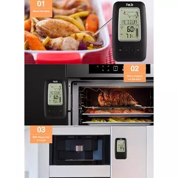 Цифровой термометр для гриля FanJu FJ2245 с беспроводным пультом дистанционного управления, магнитная задняя панель из нержавеющей стали чёрный