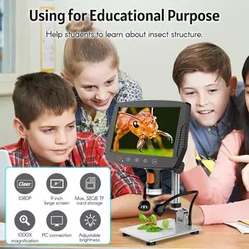 Цифровой USB-микроскоп высокого разрешения 50-1000X 1080P с дистанционным управлением с большим прозрачным экраном 9 дюймов чёрный