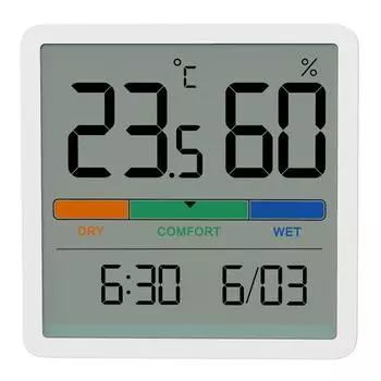 Цифровой ЖК-термо-гигрометр с дисплеем времени и даты, термометр-гигрометр, бытовая метеостанция, измеритель температуры и влажности чёрный