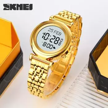 Цифровые часы для женщин, часы с ремешком из нержавеющей стали, светодиодный дисплей, спортивные часы, напоминание о времени паломничества, функция направления Киблы, часы SKMEI 1892