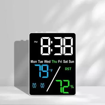 Цифровые часы с температурой, влажностью, датой, неделей, двумя будильниками, повтором сигнала, 3 уровня яркости, 12/24-часовым летним временем