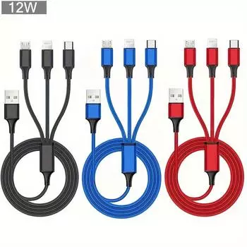 Цифровые кабели USB-кабель для зарядки 3 в 1 для iPhone/Type-C/Micro USB-кабель для зарядного устройства iPhone Зарядный кабель для мобильных телефонов Samsung, Redmi, Xiaomi 1.2m/3.9ft/47inch чёрный