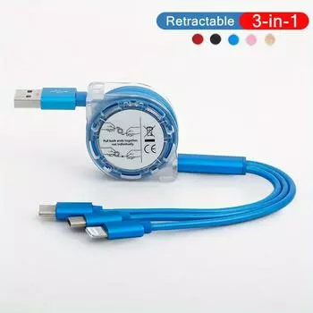 Цифровые кабели Выдвижной USB-кабель для зарядки 3-в-1 — совместим с устройствами Iphone, Android, Type-C и Micro USB, включая Samsung 1m=3.3ft=39inch чёрный