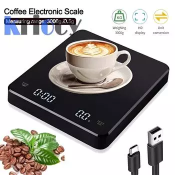 Цифровые кухонные весы для кофе, высокоточные перезаряжаемые домашние электронные весы с таймером, нержавеющая сталь, умные весы для граммов 3Kg 0.1g чёрный