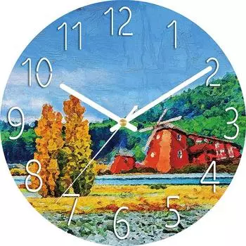 Цифровые настенные часы с низким уровнем шума, 30 см/12 дюймов, ветряная мельница, картина маслом, настенные часы, кварцевые часы, тихие, бесшумные, простые часы для домашнего декора, детская комната Windmill oil painting