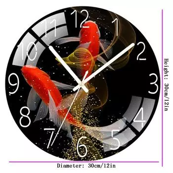 Цифровые настенные часы с низким уровнем шума, 30 см/12 дюймов Настенные часы с золотой рыбкой Кварцевые часы Тихие бесшумные простые часы для домашнего декора Детская комната Goldfish