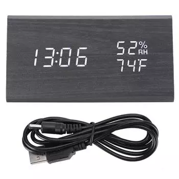 Цифровые светодиодные деревянные настольные часы с голосовым управлением, треугольная сигнализация температуры и влажности, белый свет