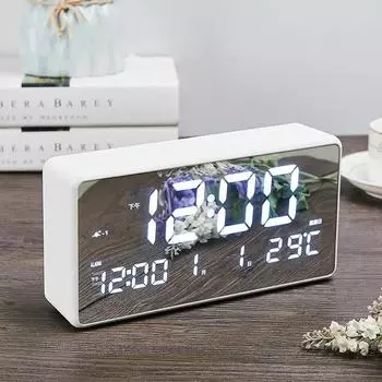 Цифровые светодиодные зеркальные часы, будильник, календарь и функция повтора, регулировка внутреннего термометра ° C / ° F белый