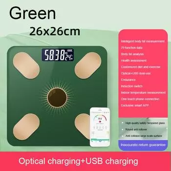 Цифровые весы, вес тела, USB + оптическая зарядка, Bluetooth, умный беспроводной анализатор жира BMI, портативное общежитие для ванной комнаты для девочек зелёный