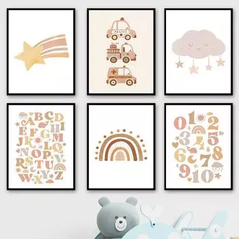 Цифры алфавит автомобили Радуга звезды облака настенная живопись на холсте плакаты на скандинавскую тему и принты настенные панно для декора детской комнаты 21cm30cm NoFrame