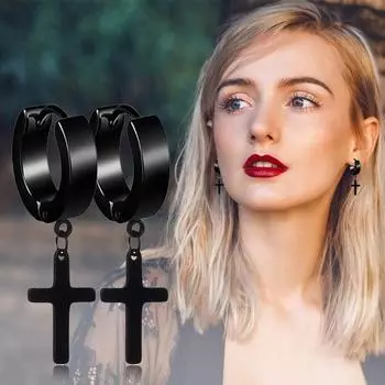 Cikey Мужчины Женщины Нержавеющая сталь Крест мотаться обруч клип на серьги пирсинг чёрный