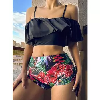 Cikini-классный тропический комплект танкини с открытыми плечами, топ с рюшами, шорты с высокой талией, пляжный купальник, купальный костюм, 2 предмета, лето S чёрный