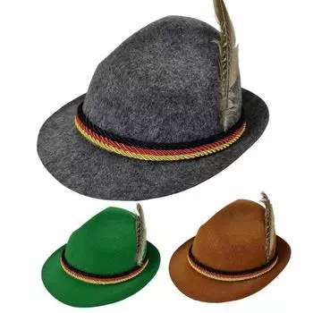Цилиндр Октоберфест фетровая шляпа ретро баварский стиль унисекс кепка с перьями и веревкой декор праздник 1920-х годов тематические вечеринки косплей мероприятия шляпа зелёный