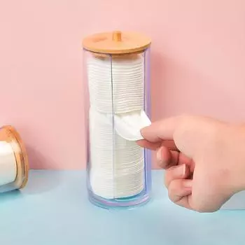 Цилиндрический держатель ватного диска, 1 шт., прозрачная коробка для хранения с бамбуковой крышкой, диспенсер для ватного диска для хранения макияжа, банка для хранения в ванной комнате Cylindrical Bamboo Lid