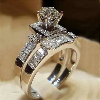 Cincin Pengantin Wanita Mewah 14K Emas Putih Set 2 Buah Cincin Pernikahan Emas Fashion Perhiasan Cincin Pertunangan Bulat Janji Cinta untuk Wanita 10