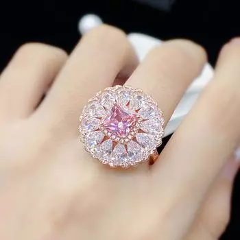 Cincin Terbuka Berlian Bentuk Bunga Emas 18K до Wanita Pernikahan Tunangan Perhiasan Pengantin Cincin Elegan Aksesori Mode Merah Jambu