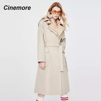 CINEMORE 2021 Новая женская ветровка со свободным воротником с лацканами, двубортные топы, повседневный элегантный винтажный модный плащ 92227 S чёрный