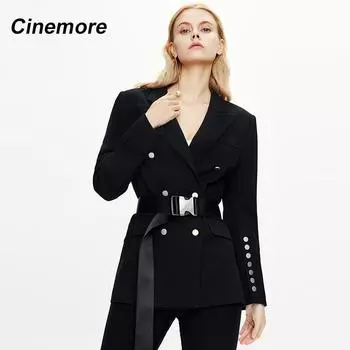 Cinemore 2021, весенне-осенний пиджак Femme, двубортный женский пиджак с v-образным вырезом, элегантный модный пиджак в британском стиле с пряжкой, топы 82194 L белый