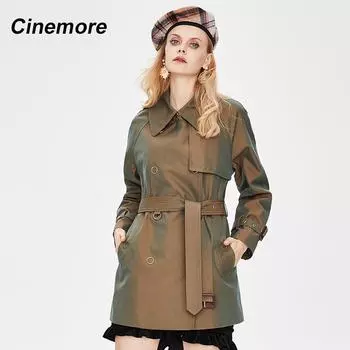 Cinemore 2021 женский плащ весна осень двубортный воротник с лацканами и поясом модное элегантное пальто топы длинная ветровка 9025 S зелёный