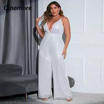 Cinemore 2023 Шикарный и элегантный женский комбинезон больших размеров с блестками Широкие брюки Глубокий V-образный вырез Сексуальные платья на бретельках для выпускного боди 1XL белый