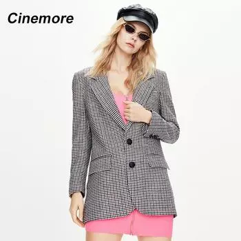Cinemore 202, новый клетчатый костюм, женская куртка, тонкая британская ретро-весенне-осенняя модная куртка на пуговицах с лацканами, женское пальто, топ 82192 S серый