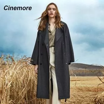 Cinemore длинный плащ для женщин ветровка куртка офисная двубортная с поясом свободное корейское модное ветрозащитное пальто