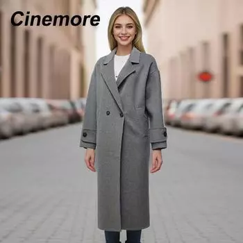 Cinemore Двустороннее кашемировое пальто для женщин, длинное, весна-осень 2024, новое высококачественное свободное женское шерстяное пальто, элегантное женское пальто 2402-1