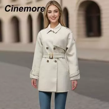 Cinemore Двустороннее кашемировое пальто женское средней длины, весна-осень 2024, новое свободное женское шерстяное пальто высокого класса с поясом 23023-1