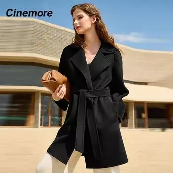 Cinemore Двустороннее кашемировое пальто женское средней длины, весна-осень 2024, новое свободное женское шерстяное пальто высокого класса с поясом 2328-1