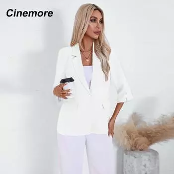 Cinemore Летняя женская куртка-пиджак, однотонная элегантная тонкая куртка с лацканами, женская офисная верхняя одежда, новое пальто XXS синий