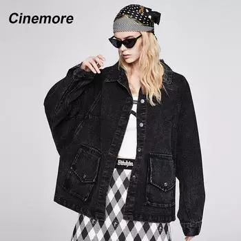 Cinemore, новинка 2021 года, джинсовые куртки, свободные весенне-осенние женские топы с лацканами для отдыха, однотонное винтажное модное женское пальто с длинными рукавами N6302 L чёрный