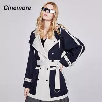 Cinemore, новинка 2021 года, женский плащ, свободный цвет, осенний двубортный с капюшоном, повседневная короткая модная ветровка 92205 S синий