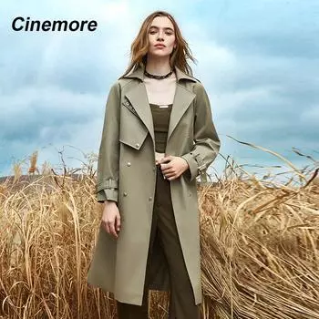 Cinemore, осенний длинный плащ для женщин, повседневная ветровка, куртка, двубортное пальто с лацканами и поясом, женское шикарное женское пальто S зелёный