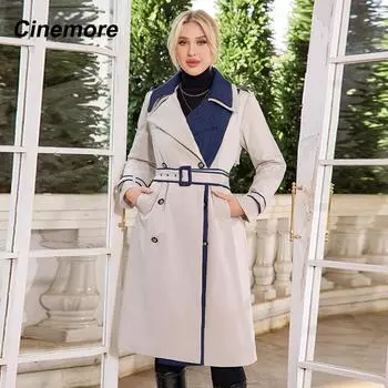 Cinemore Осенний Тренч для женщин Длинная ветровка куртка двубортный лацкан с поясом классическая повседневная женская TFD-512YG S хаки