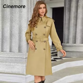 Cinemore, осенний Тренч для женщин, длинная ветровка, куртка, двубортный, с лацканами и поясом, классическое повседневное женское пальто