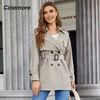 Cinemore, осенний Тренч средней длины для женщин, повседневная ветровка, двубортная куртка с лацканами и поясом, ветрозащитное женское пальто