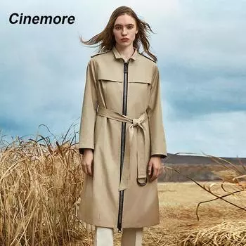 Cinemore осенний женский плащ непромокаемый повседневный роскошный длинный ветровка куртка на молнии с воротником-стойкой и поясом тонкое пальто