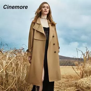 Cinemore Тренч для женщин Длинная куртка-ветровка Повседневное однотонное свободное ветрозащитное пальто с лацканами с поясом Модное шикарное женское пальто S зелёный