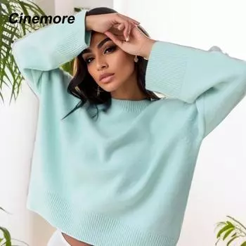 Cinemore, весенне-осенний женский свитер, однотонные повседневные пуловеры большого размера, теплый базовый топ с длинными рукавами и круглым вырезом, вязаный джемпер, свитер Z009 One Size зелёный