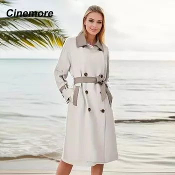 Cinemore, весенний длинный плащ для женщин, повседневная ветровка, двубортная куртка с лацканами и поясом, ветрозащитное женское пальто, офисное F2201-1