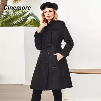 Cinemore, весенний длинный плащ для женщин, повседневная ветровка, куртка, двубортный, с лацканами и поясом, ветрозащитное женское пальто, офисное C82001