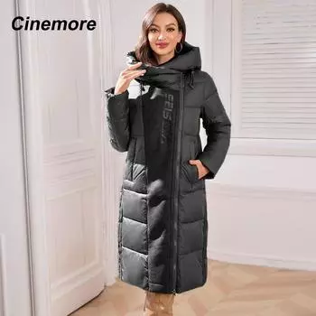 Cinemore женская куртка зима 2024 теплая длинная парка с капюшоном верхняя одежда женская одежда модный пуховик женское пальто унисекс 1060 L чёрный
