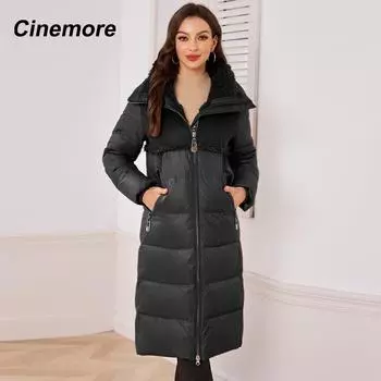 Cinemore женская куртка зима 2024 теплая длинная парка с капюшоном верхняя одежда женская одежда модный пуховик женское пальто унисекс 1061 S чёрный