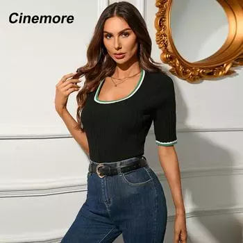 Cinemore Женский пуловер, свитер с короткими рукавами, повседневный теплый свободный мягкий однотонный вязаный пуловер с круглым вырезом, кашемировая нижняя часть 069