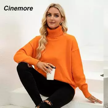 Cinemore женский свитер большого размера с длинным рукавом однотонные женские пуловеры базовый топ трикотажные свитера женская одежда мягкий теплый джемпер S синий