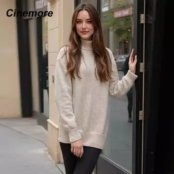 Cinemore Женский свитер, однотонный, свободного покроя, свободный, повседневный, свитер, рубашка, теплый, с высоким воротом, базовый трикотажный джемпер, кашемировый низ, топ S миндальный