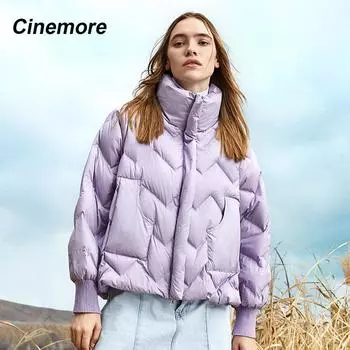 Cinemore, женский зимний пуховик, свободный корейский стиль, воротник-стойка, модное теплое короткое пальто на утином пуху, стеганая куртка-пуховик S белый